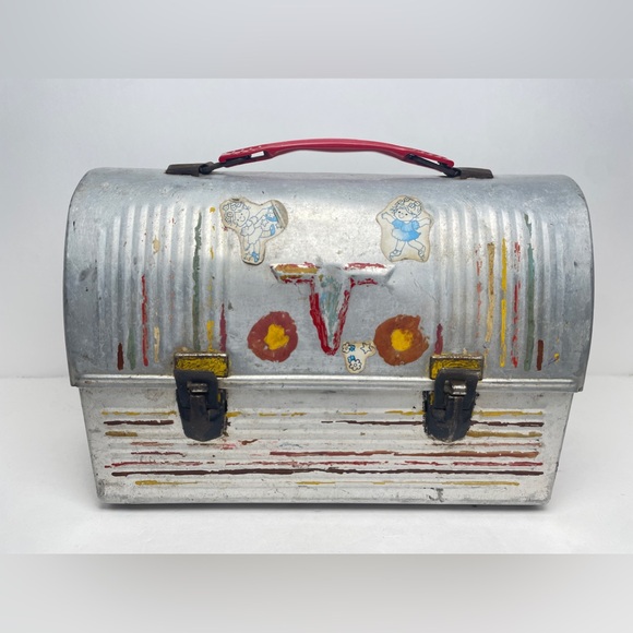 Vintage American Thermos "V" Victory Dome  Lunch Box 1950’s Metal 10" Silver USA - Picture 1 of 10